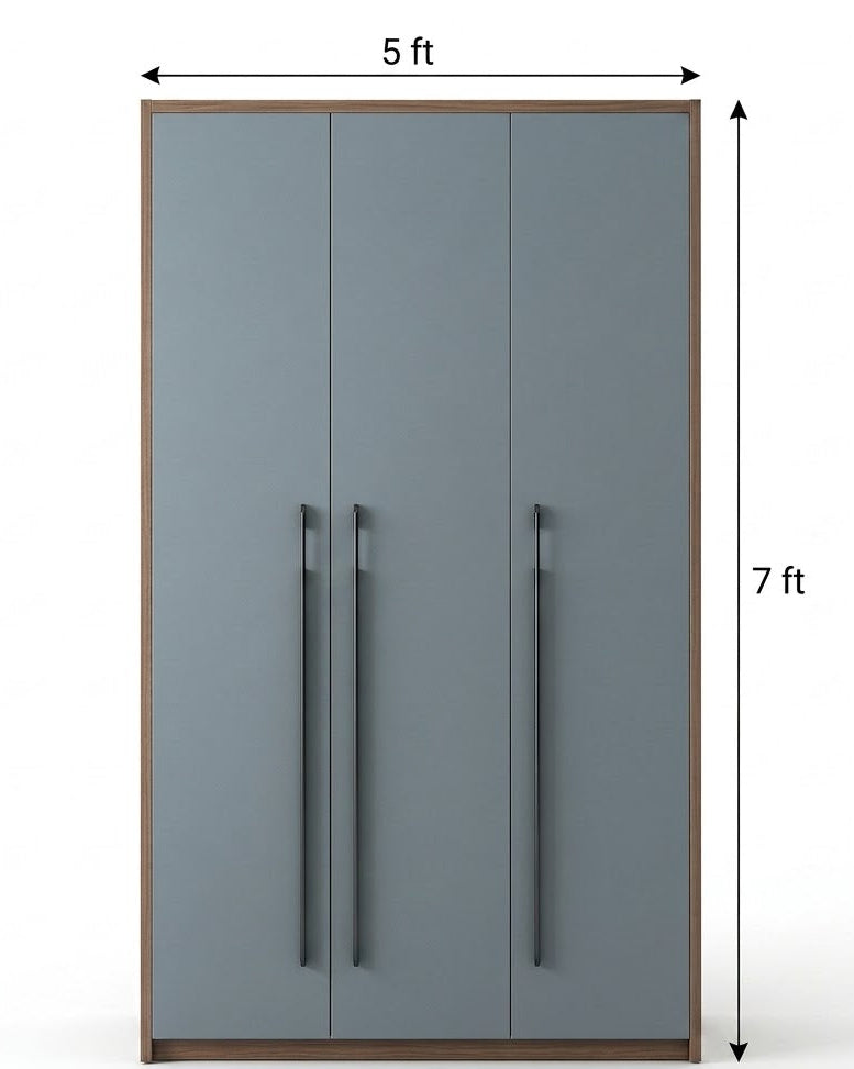 Gray wardrobe with dimensions indicated on a white background