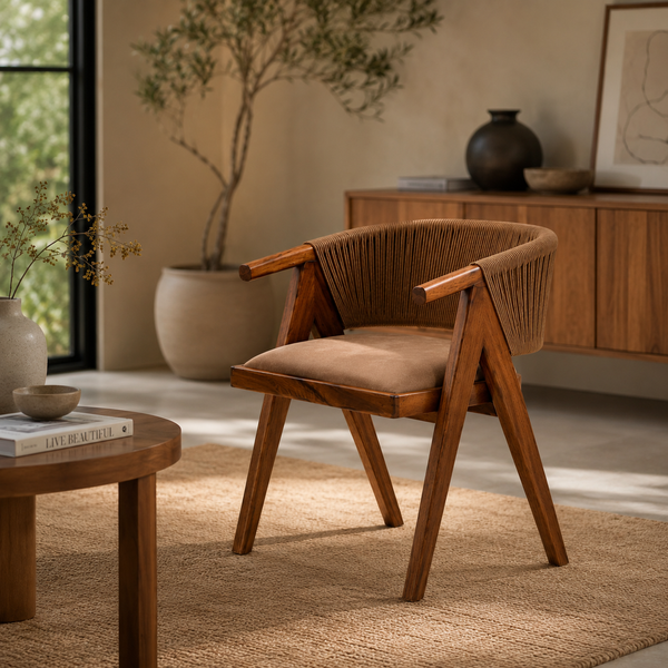 Wooden chair with woven backrest in a cozy living room setting