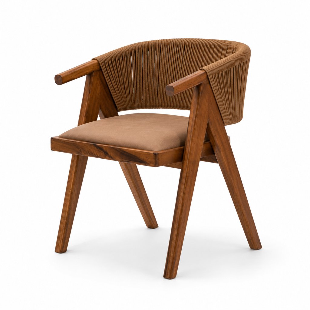 Wooden chair with woven backrest and beige cushion on a white background
