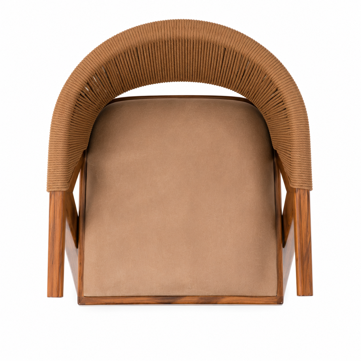 Brown wicker chair with cushioned seat on a white background