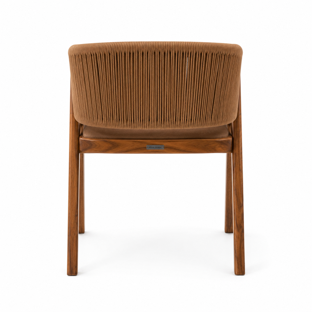 Brown upholstered chair with wooden frame on a white background
