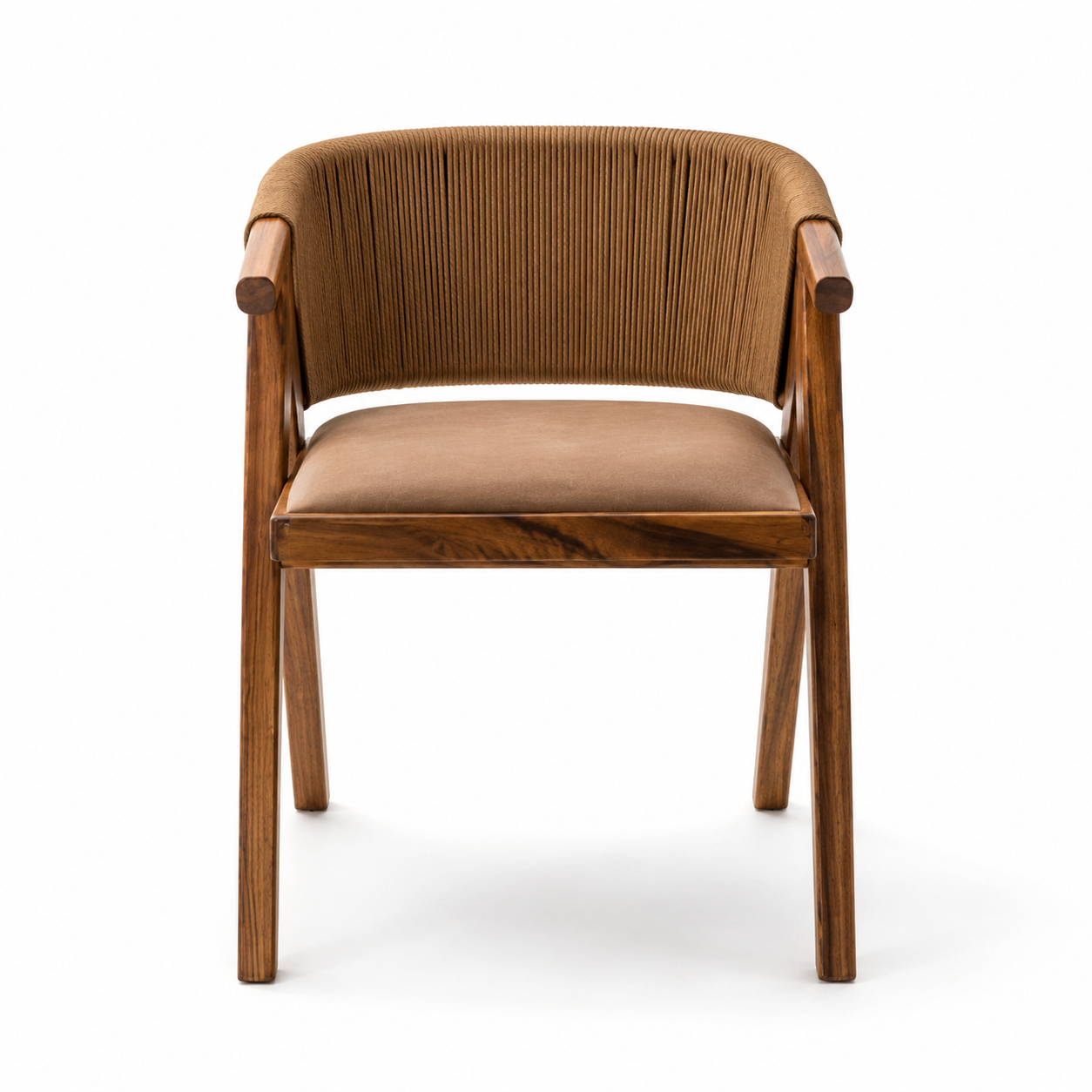 Brown chair with wooden frame and cushioned seat on a white background