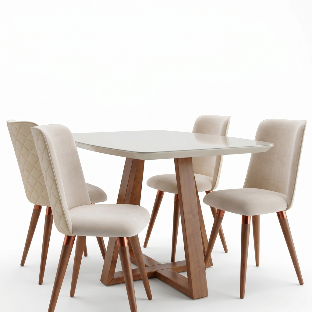 Dining table set with four chairs on a white background