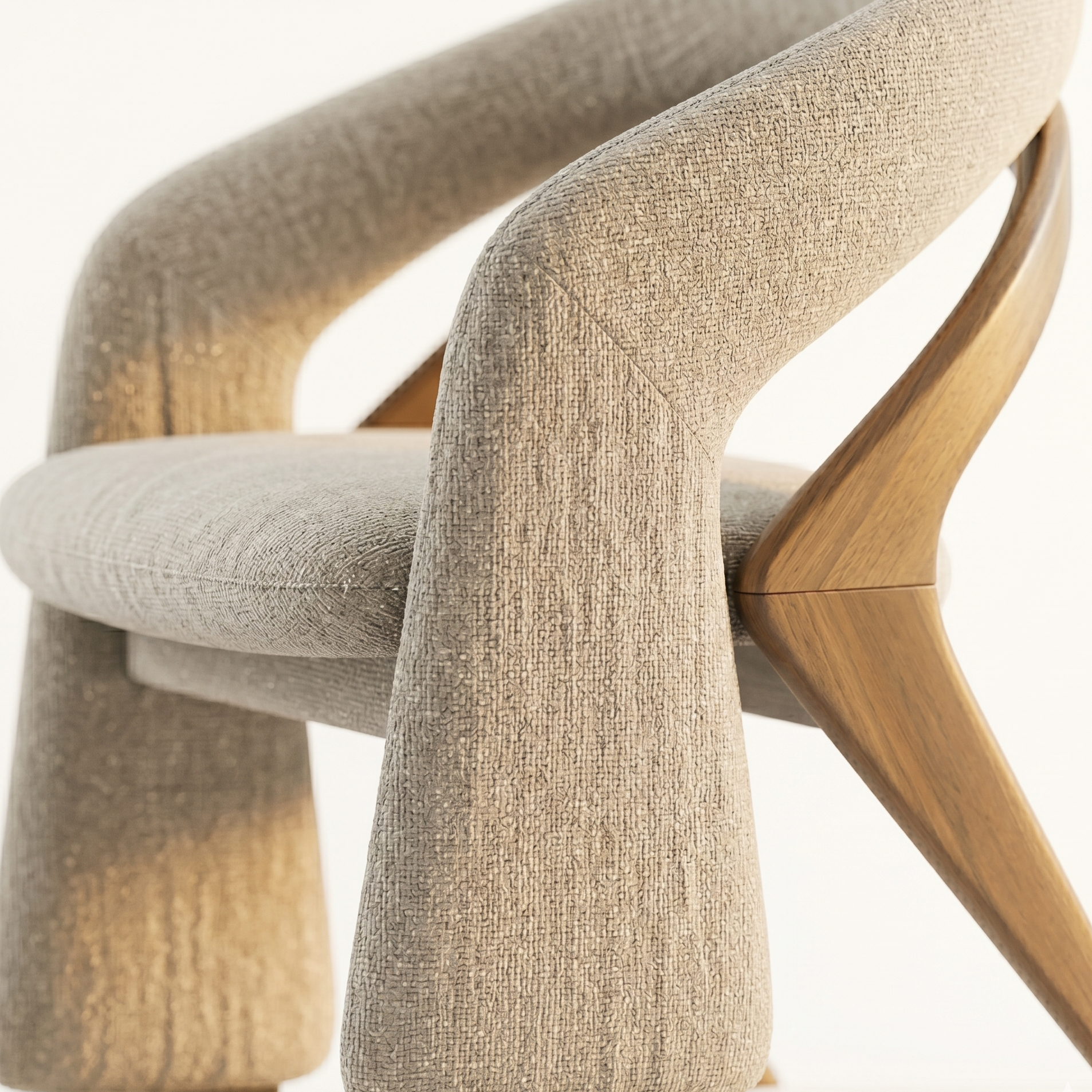 Close-up of a modern chair with wooden legs and beige fabric on a white background
