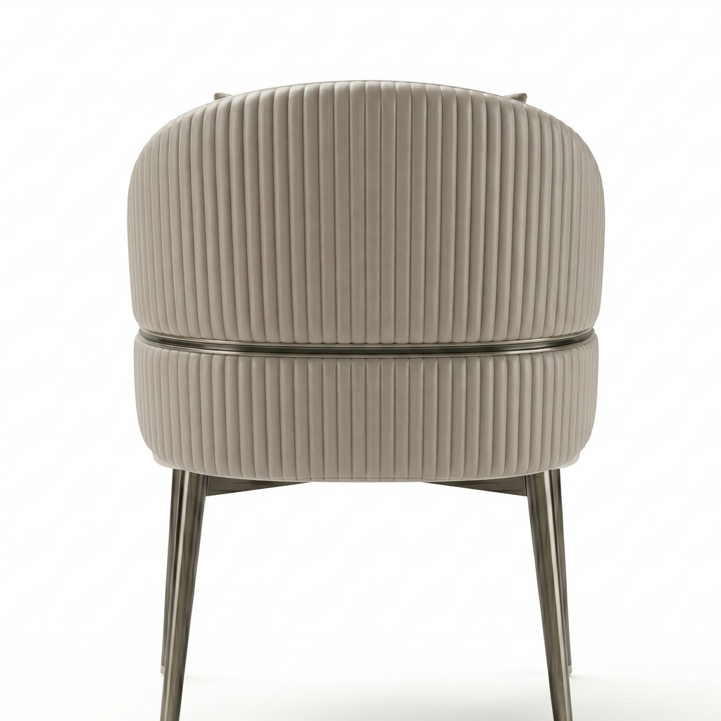Beige ribbed armchair with metal legs on a white background