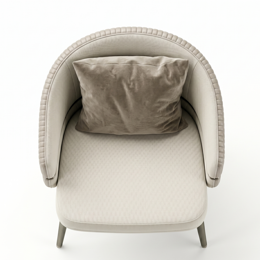 Beige armchair with a brown pillow on a white background