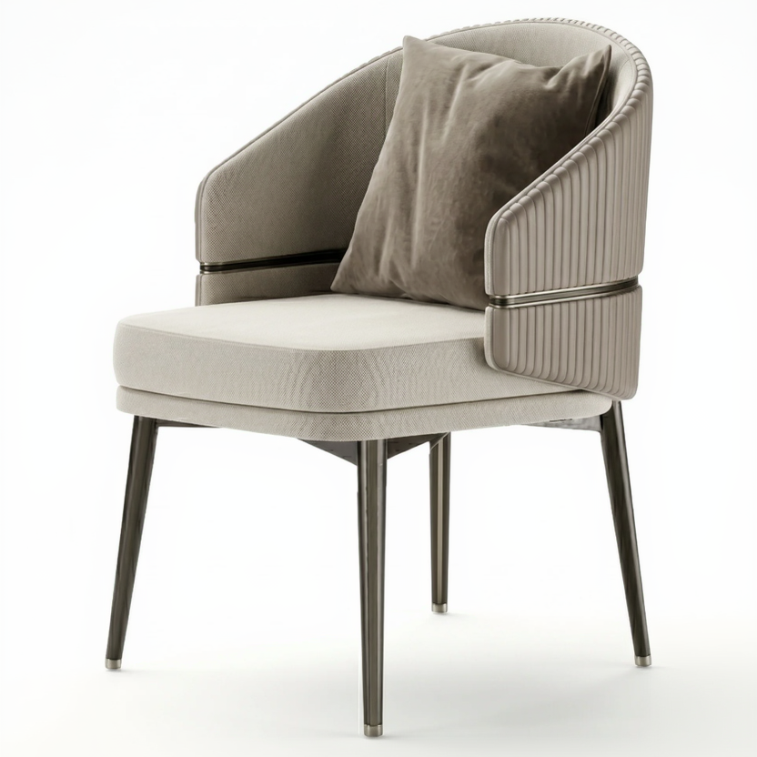 Modern chair with beige cushion and brown accents on a white background