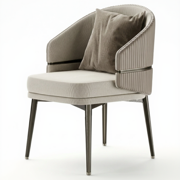 Modern chair with beige cushion and brown accents on a white background