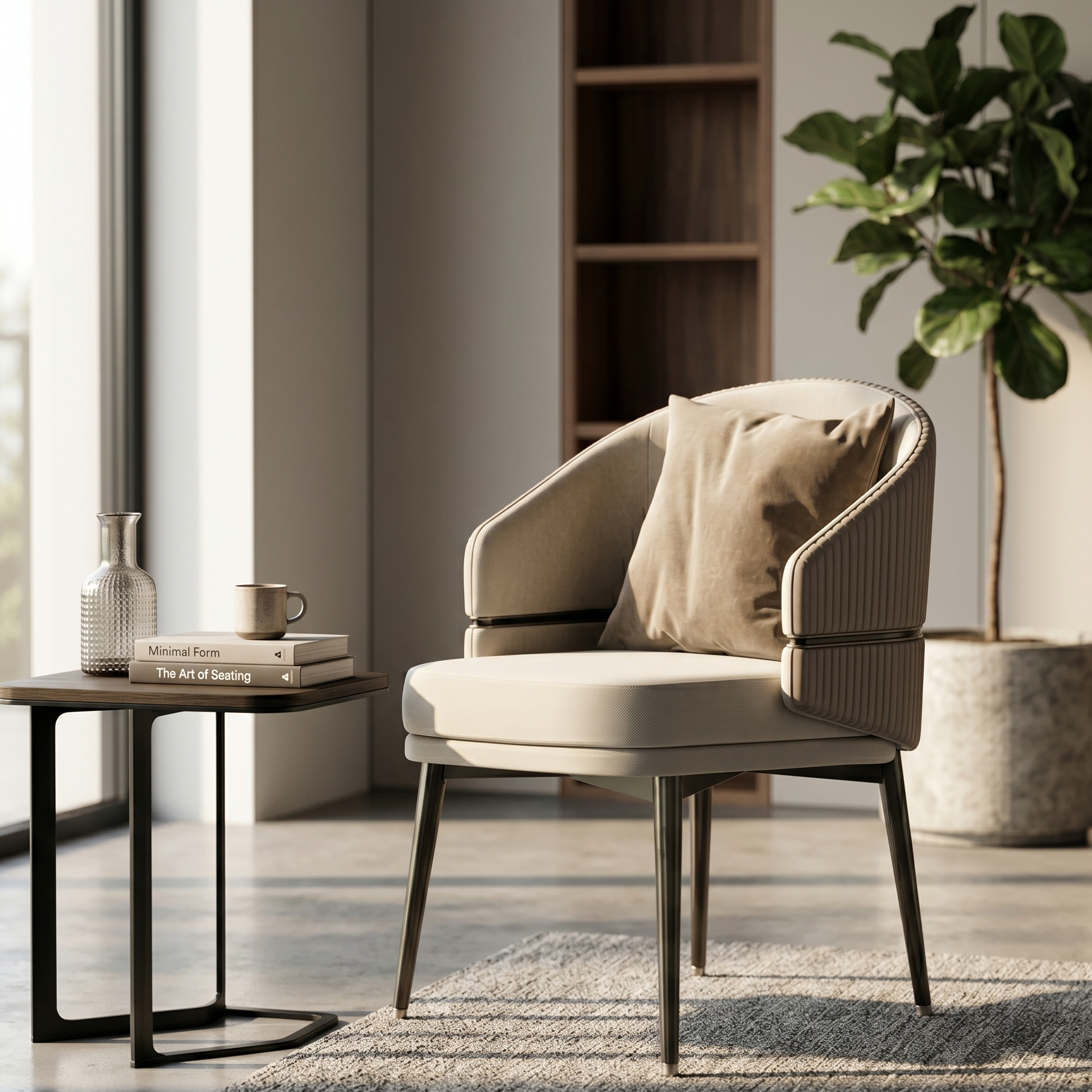 Modern beige armchair in a stylish living room with a small table and plant.