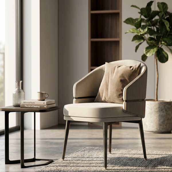 Modern beige armchair in a stylish living room with a small table and plant.