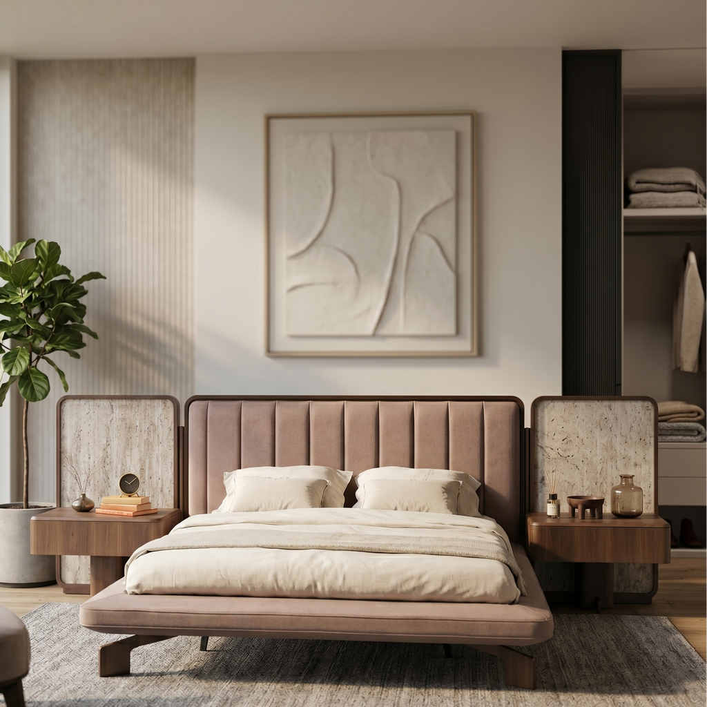 Modern bedroom with a bed, nightstands, and abstract wall art.