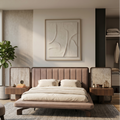 Modern bedroom with a bed, nightstands, and abstract wall art.