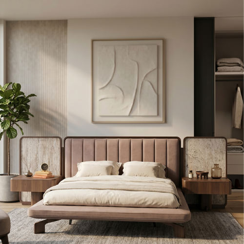 Modern bedroom with a bed, nightstands, and abstract wall art.