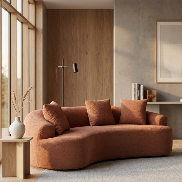 Modern living room with a brown sofa, wooden floor, and large windows.