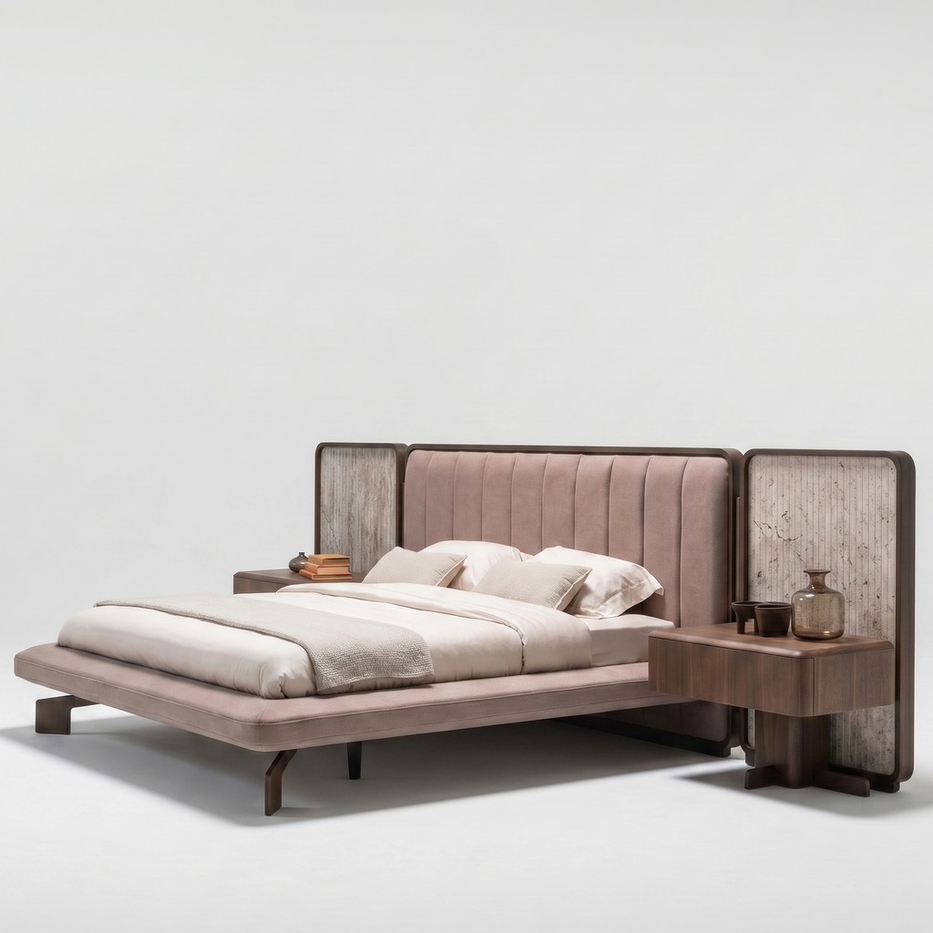 Modern bed with wooden side tables on a light gray background
