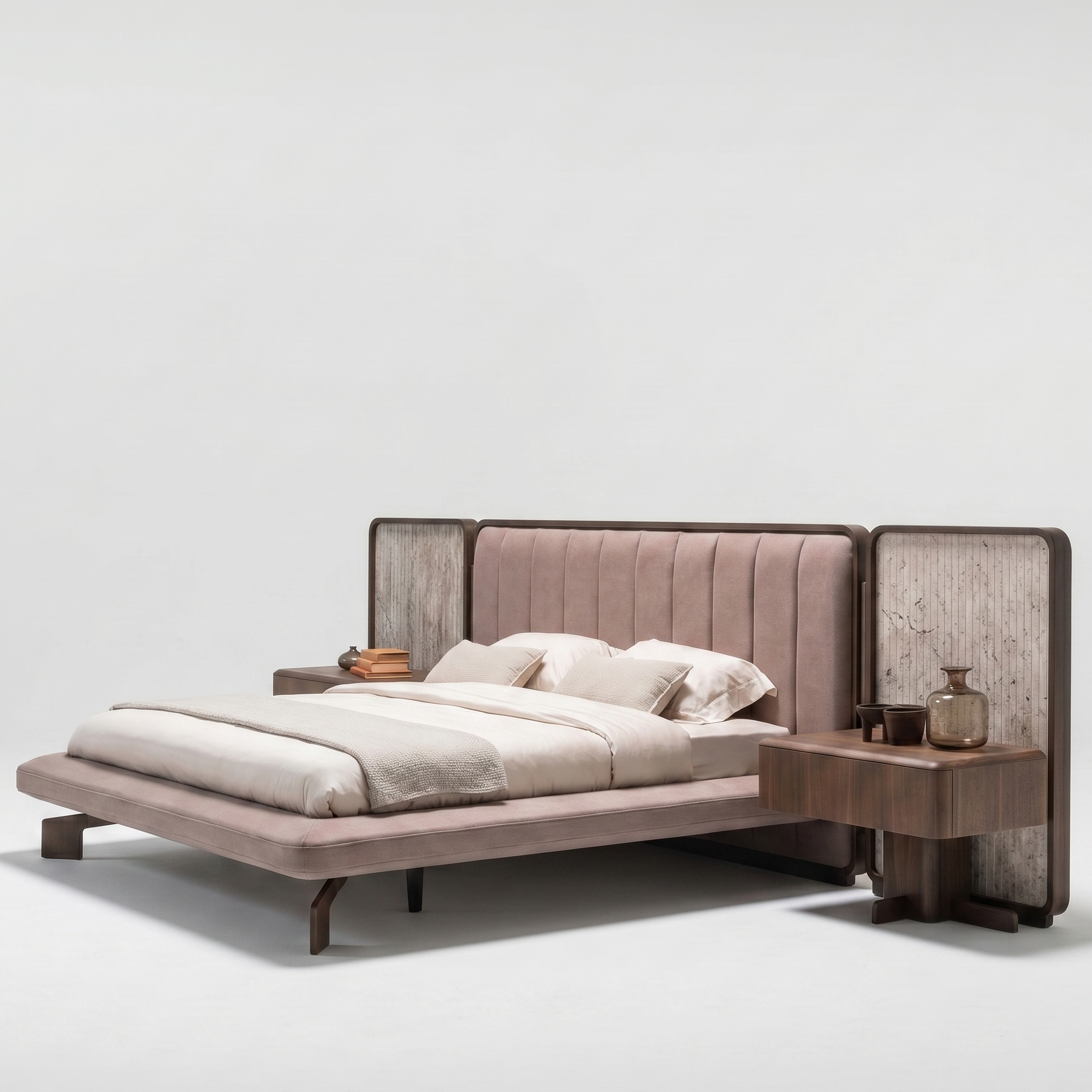 Modern bed with wooden side tables on a light gray background