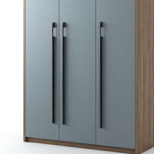 Wooden wardrobe with gray doors on a white background