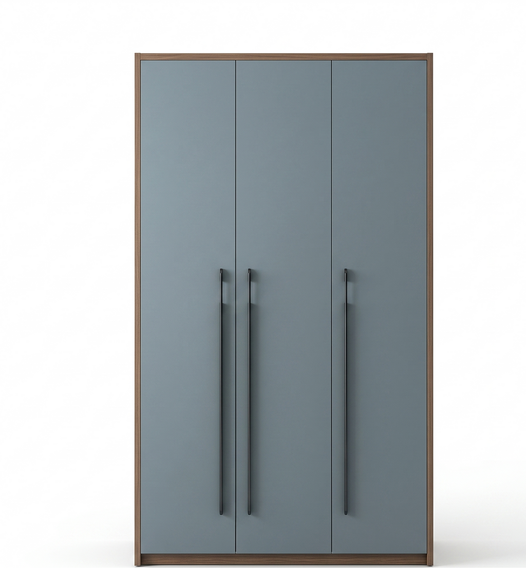 Gray wardrobe with wooden frame and handles on a white background