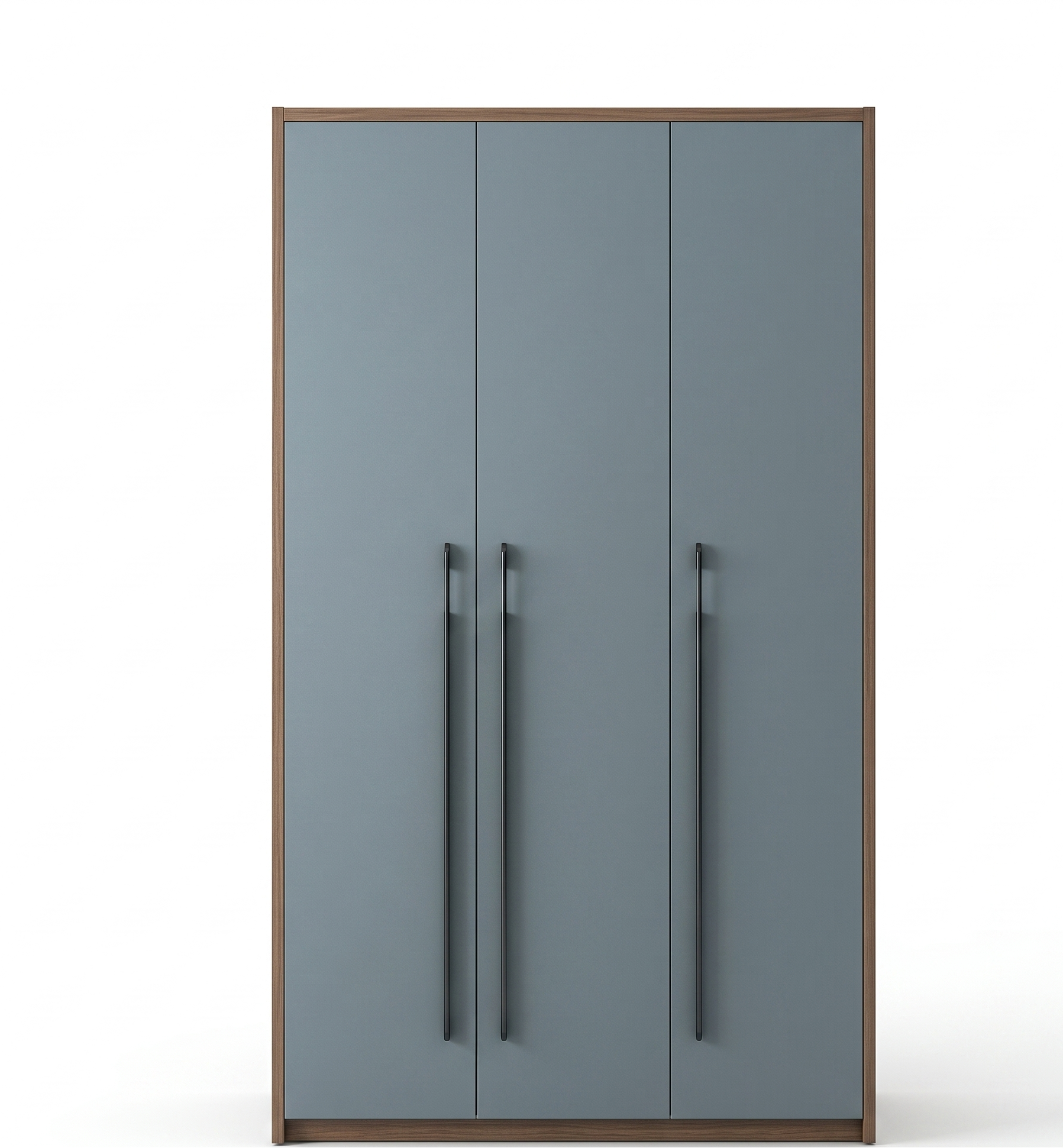 Gray wardrobe with wooden frame and handles on a white background