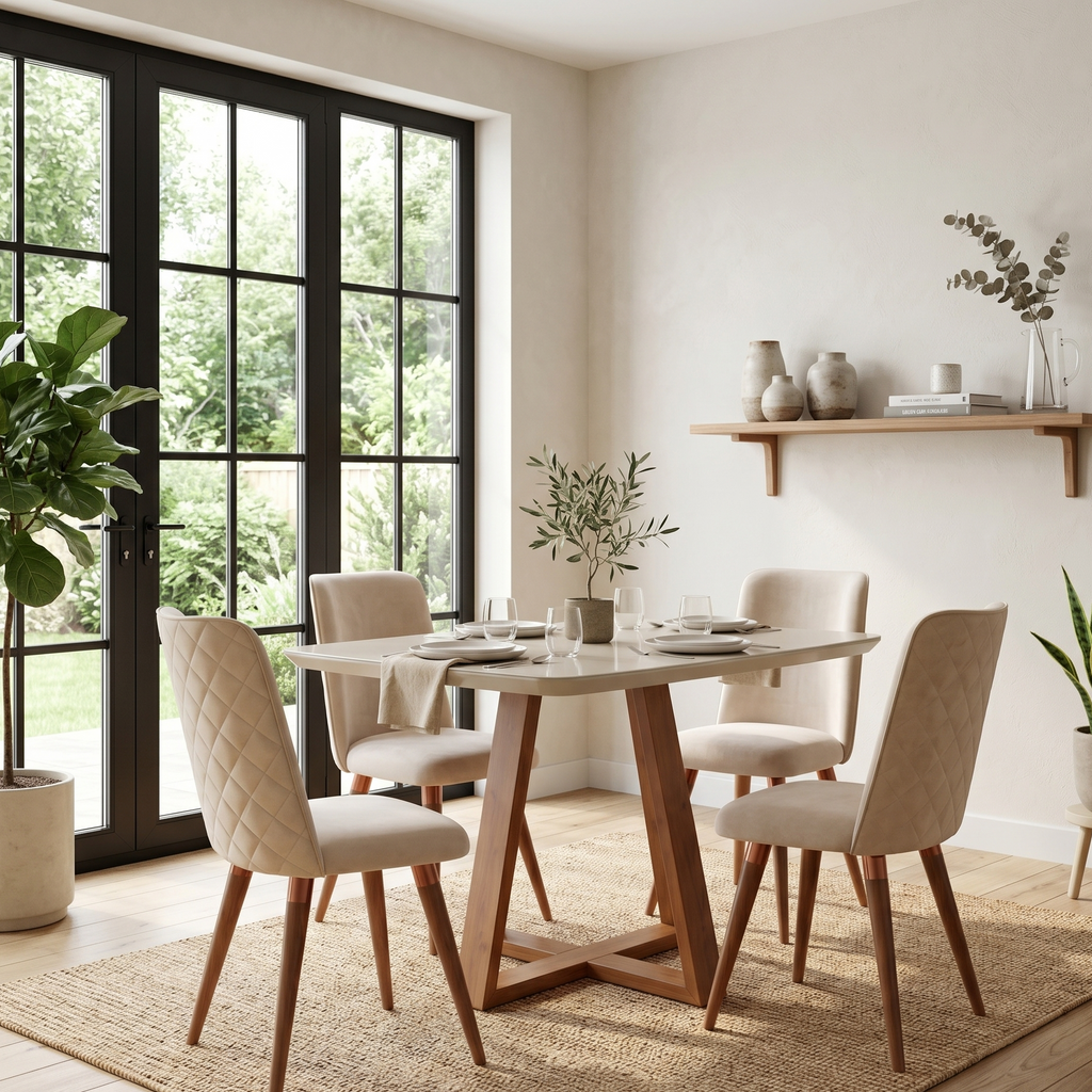 Dining room with a wooden table and chairs, plants, and large windows.