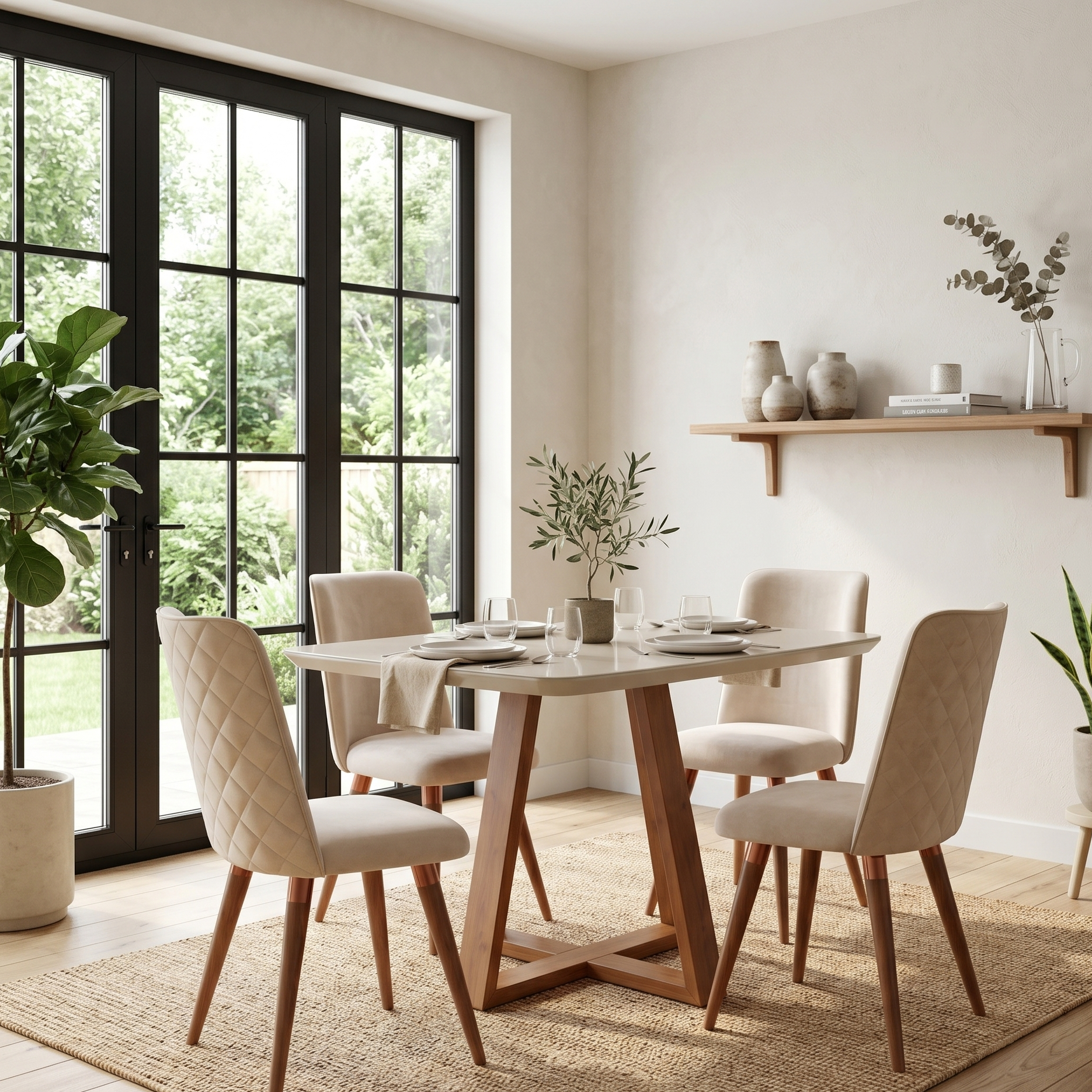 Dining room with a wooden table and chairs, plants, and large windows.