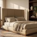 Beige bed with wooden frame in a bedroom setting