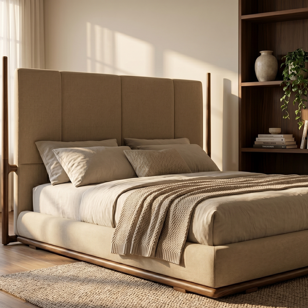 Beige bed with wooden frame in a bedroom setting