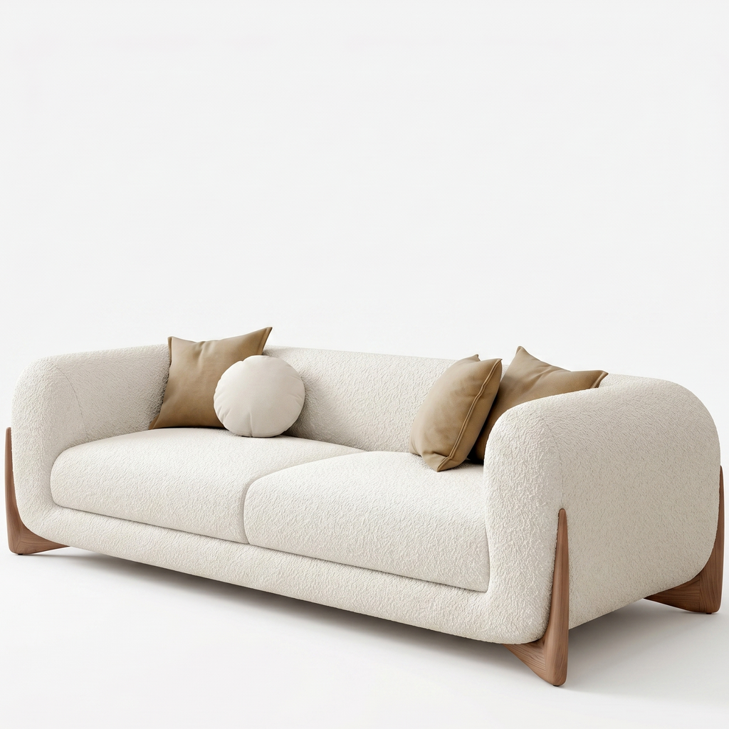 Beige sofa with brown cushions on a white background