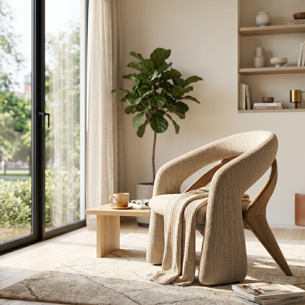 Modern living room with a beige armchair, coffee table, and plant.