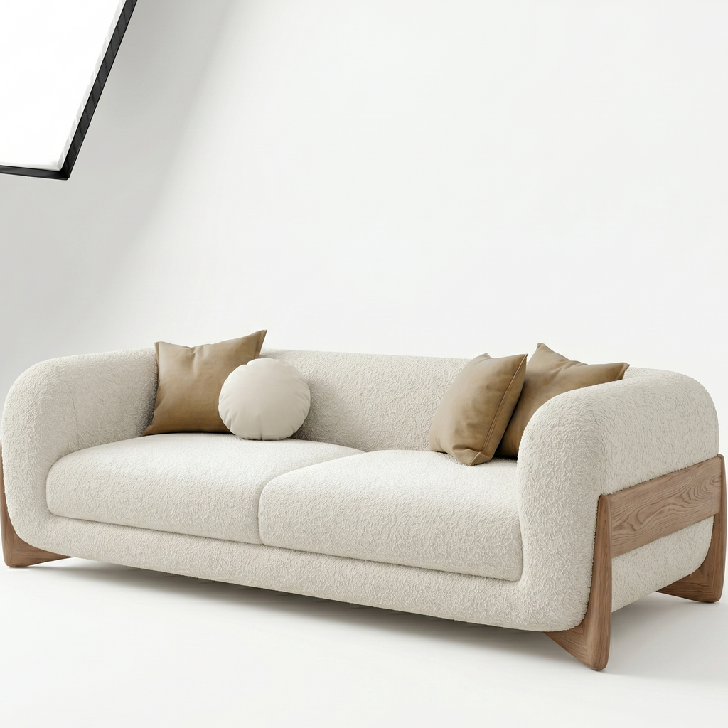Beige sofa with wooden armrests on a white background