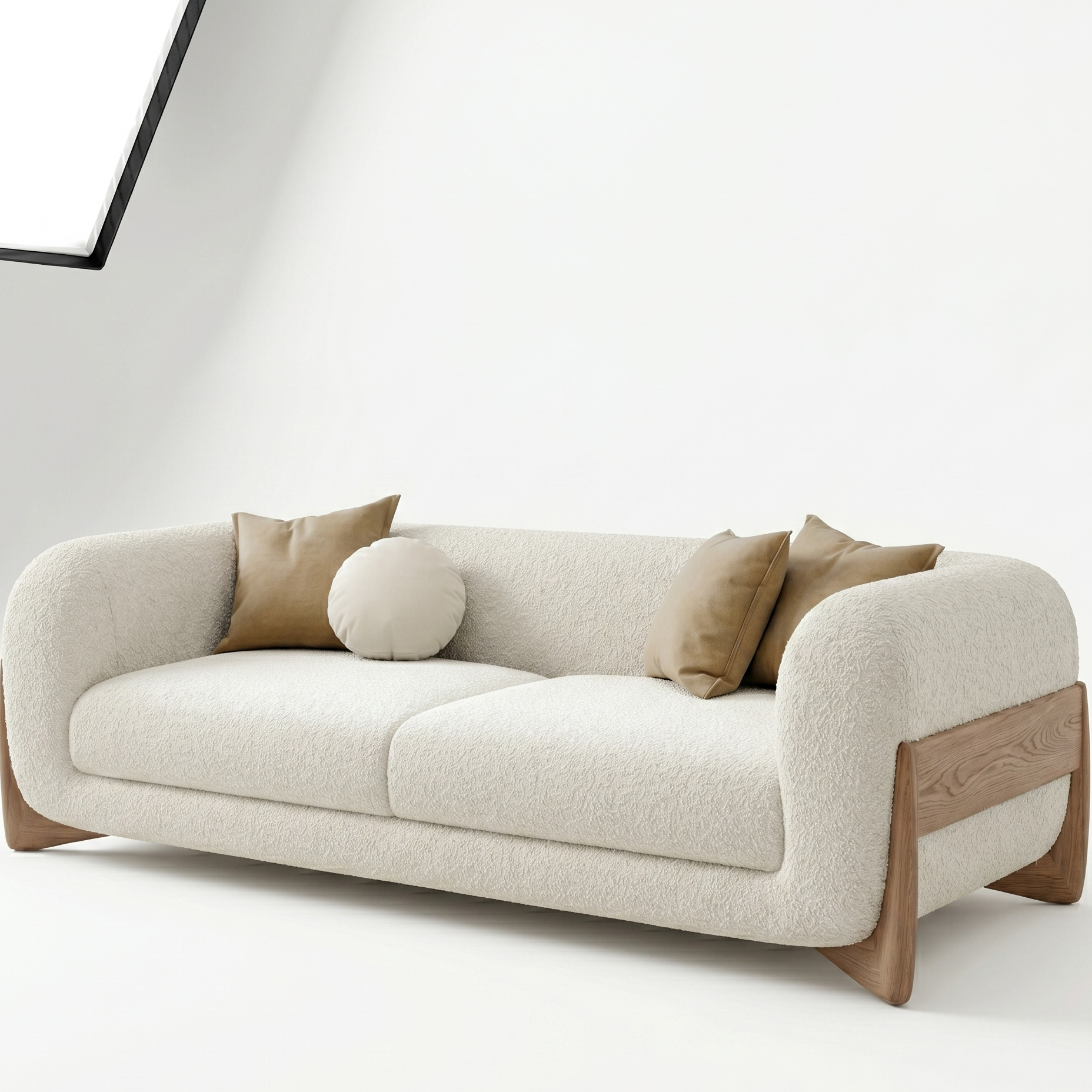 Beige sofa with wooden armrests on a white background