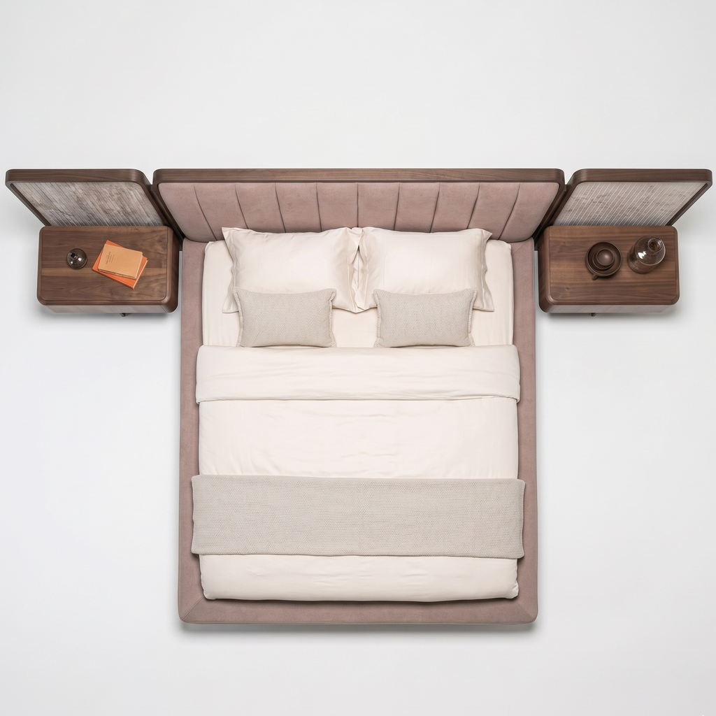 Modern bed with wooden headboard and side panels on a white background