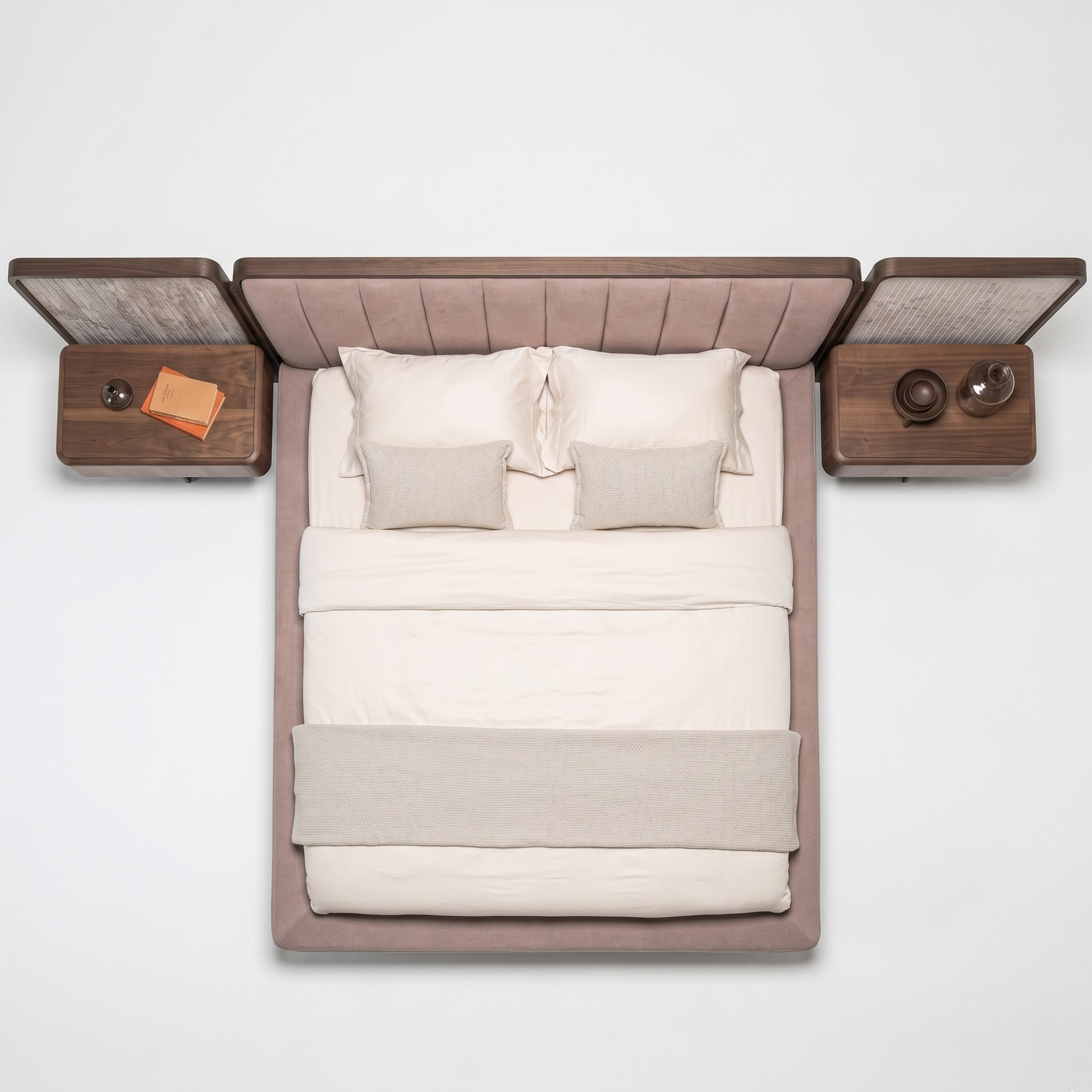 Modern bed with wooden headboard and side panels on a white background