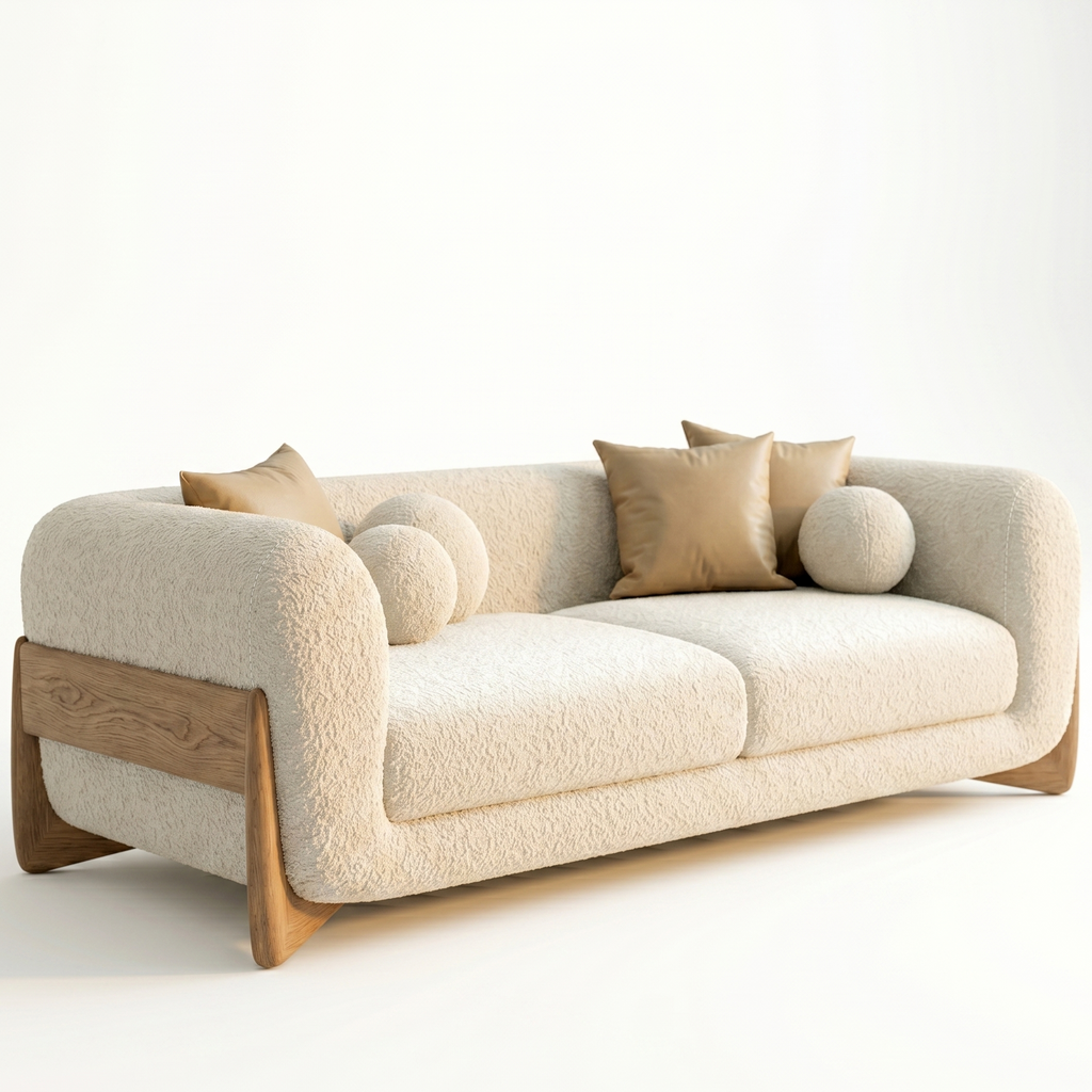 Beige sofa with wooden legs on a white background