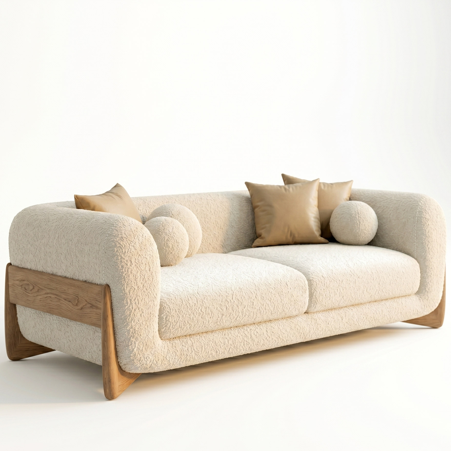 Beige sofa with wooden legs on a white background