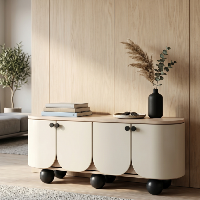 Modern beige cabinet with black wheels in a living room setting