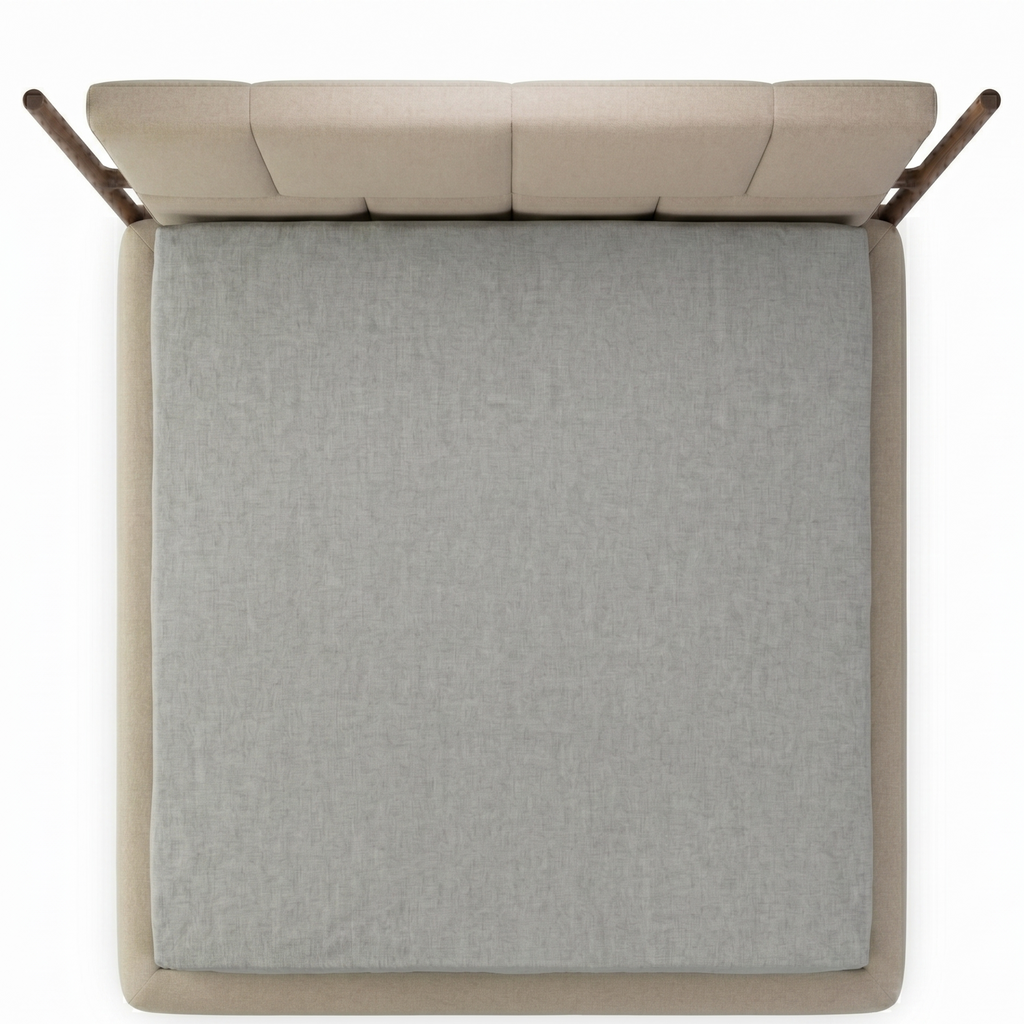 Top view of a gray upholstered headboard with beige frame on a white background