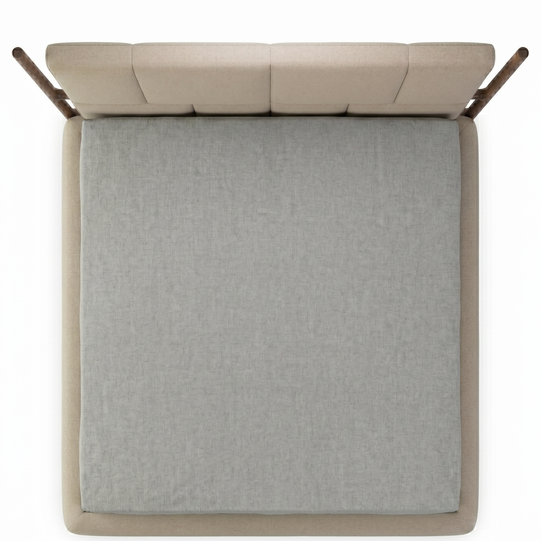 Top view of a gray upholstered headboard with beige frame on a white background