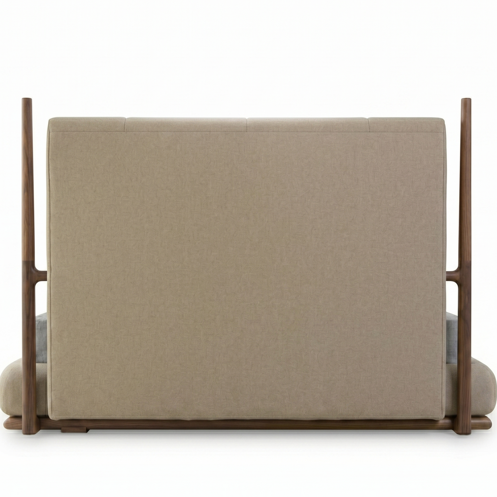 Beige upholstered headboard with wooden frame on a white background
