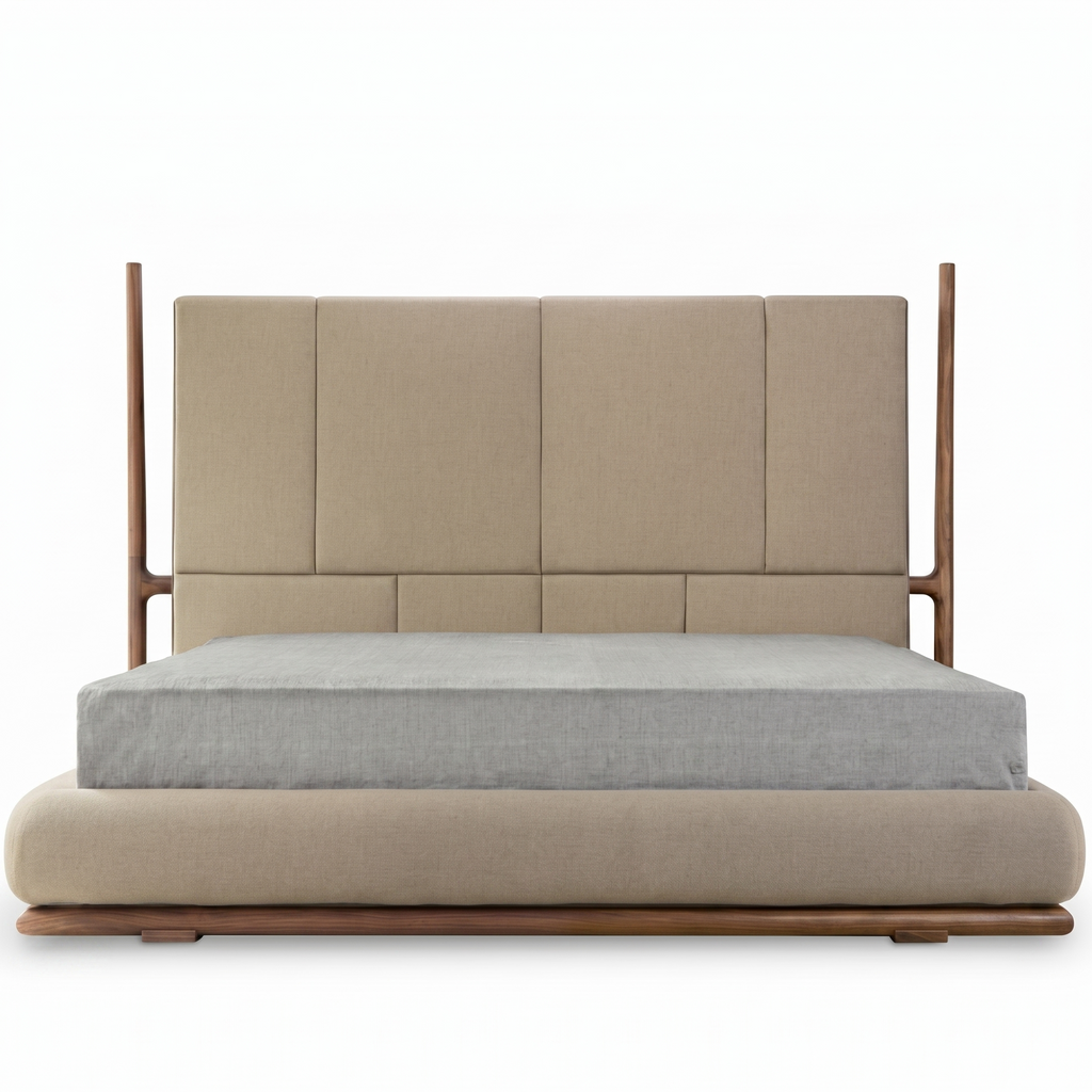 Beige upholstered bed with wooden frame on a white background