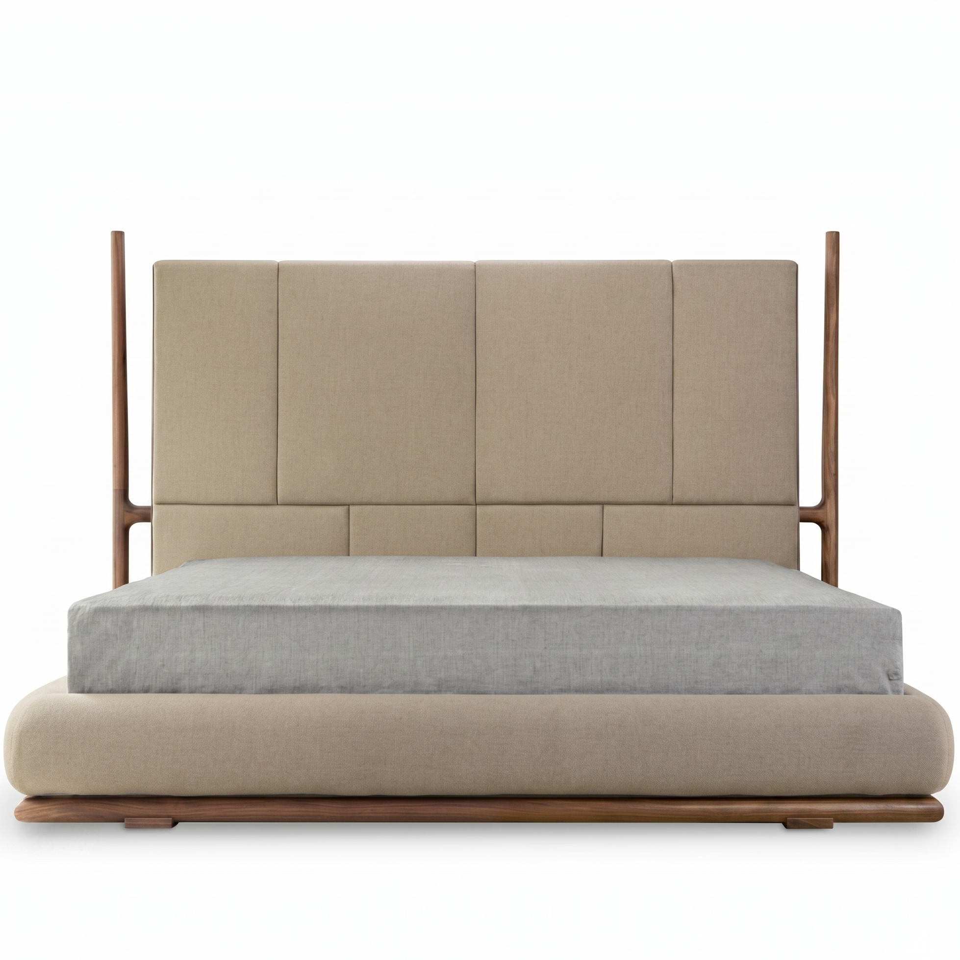 Beige upholstered bed with wooden frame on a white background