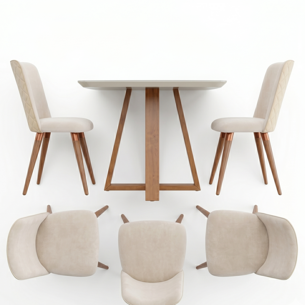 Dining table with four chairs on a white background