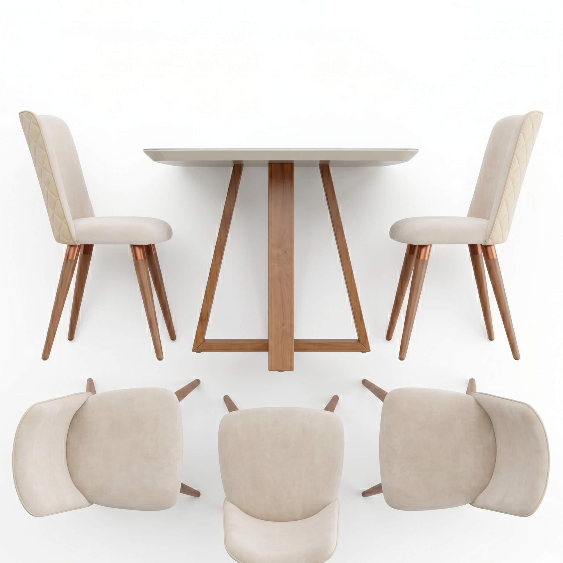 Dining table with four chairs on a white background