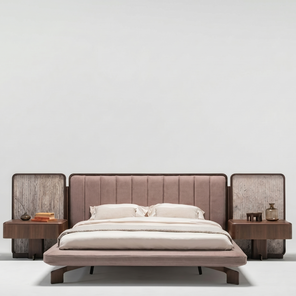 Modern bedroom setup with a bed and side tables on a light gray background