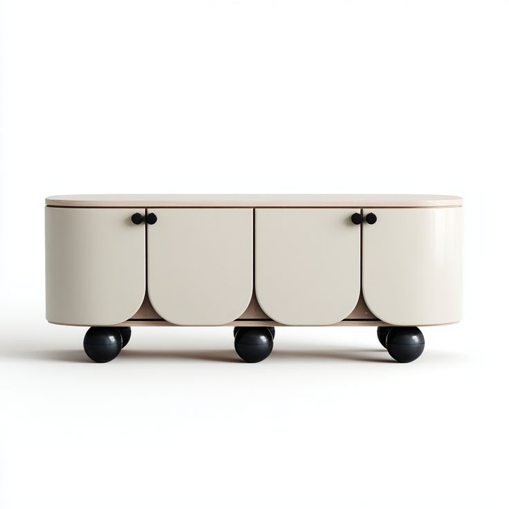 Round storage ottoman with four compartments on wheels against a white background