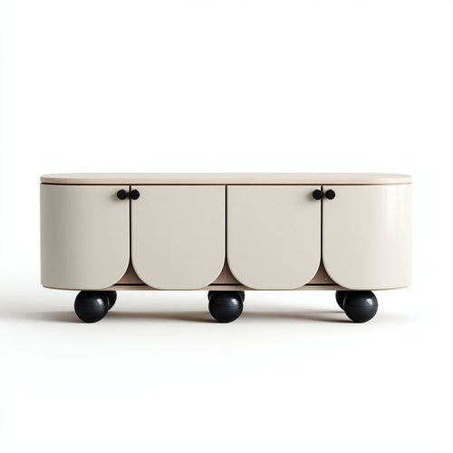 Round storage ottoman with four compartments on wheels against a white background